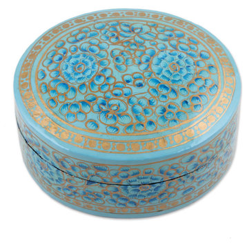 Novica Handmade Blue Blossoms Papier Mache and Wood Decorative Box