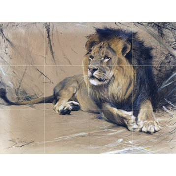 Tile Mural, Landscape of Africa Just A Lion Ceramic Glossy