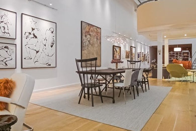 Inspiration for a contemporary light wood floor dining room remodel in Boston with white walls and no fireplace