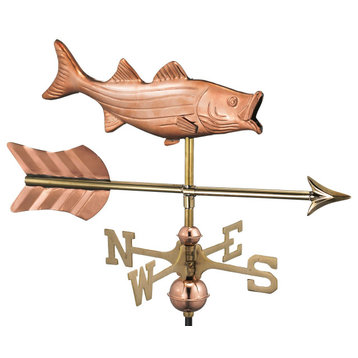 Bass With Arrow Cottage Weathervane, Pure Copper With Roof Mount