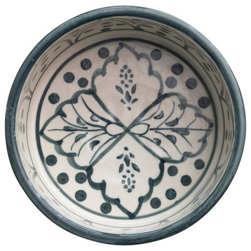 Hand-Painted Stoneware Pet Bowl with Botanical Design, Cream and Blue