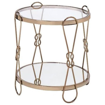 Contemporary End Table, Golden Frame With Unique Shaped Accents & 2 Glass Tiers
