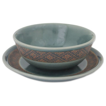 Thai Weave Inspiration Celadon Ceramic Bowl and Plate 2-Piece Set