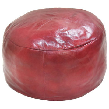 Solid Handmade Leather Pouf (Recycled Foam with Fibre Fill), Dark Pink, {Round}21x21x12