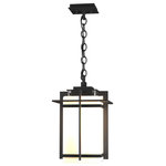 Hubbardton Forge - Tourou Large Outdoor Ceiling Fixture, Coastal Black Finish, Opal Glass - Although the design is in honor of traditional Japanese stone lanterns, our Tourou Outdoor Sconce is much easier to hang from a chain outside home or business. Metals bands crisscross and hug the square glass tube for design flare.