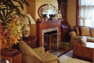 Inspiration for a large timeless formal and enclosed carpeted and white floor living room remodel in Chicago with beige walls, a standard fireplace, a wood fireplace surround and no tv