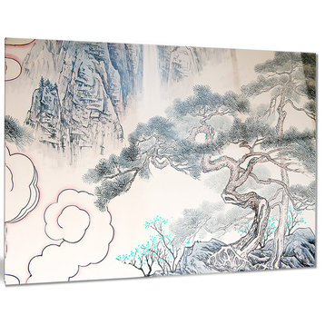"Chinese Blue Tree Art" Painting Glossy Metal Wall Art, 28"x12"