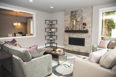 Family room - mid-sized transitional open concept dark wood floor and brown floor family room idea in Seattle with gray walls, a tile fireplace, no tv and a ribbon fireplace