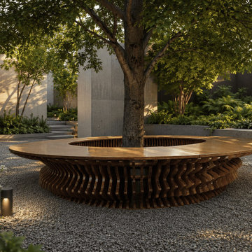 Modern Round Wooden Tree Bench – Unique Outdoor Seating for Public