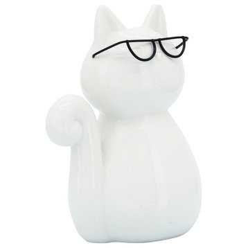 Porcelain, 8"H Cat With Glasses, White