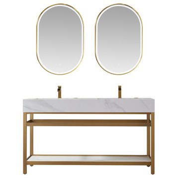 Bilbao Vanity with Metal Bracket & Stone Top, Brushed Gold, 60", With Mirror