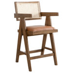 Armen Living - Harley Nutmeg Brown Wood 26" Barstool, Red/Brown Faux Leather, Set of 3 - The Harley Barstool is a striking blend of classic craftsmanship and modern design, ideal for your kitchen, dining room, or home bar. Featuring a unique combination of an upholstered seat and a woven rattan backrest, this barstool exudes warmth and character. The fiber-wrapped foam cushion ensures comfortable seating, while the clean rectangular lines and armrests provide both style and support.