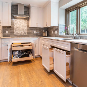 Modern Gray and White Kitchen with Peninsula Seating for 4