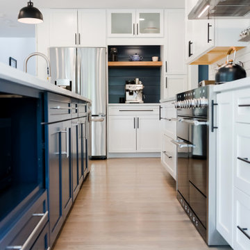 Rock Kitchen, Flooring and Custom Fireplace and Shelving Remodel