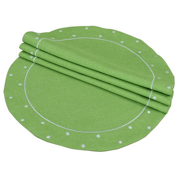 Polka Dot Embroidered Easy Care Placemats, 16" Round, Green, Set of 4