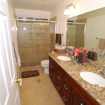 Double Sink Vanity With Porcelain Tile Shower/ Recessed Shampoo Shelf