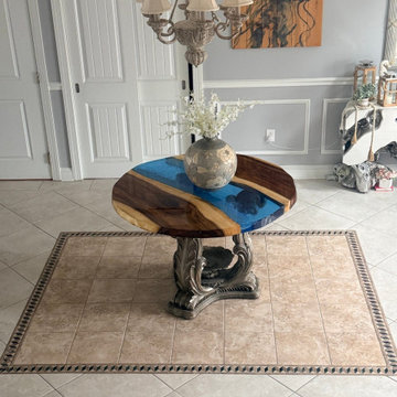48” Round Epoxy River Table – Walnut Wood with Ocean-Inspired Blue Resin Design