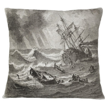 Vintage Shipwreck Seascape Throw Pillow, 18"x18"