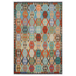 Bareens Designer Rugs - Retro Turkish Kilim Wilhelmi Hand-Woven Wool Rug - 8'2'' x 9'9'' - Elevate the elegance of your home with this stunning hand-woven tribal Kilim wool rug. Meticulously crafted on a loom by the Nomad Turkman people using hand-spun wool and 100% natural vegetable dyes, these rugs are recognized for their repetitive geometric patterns, incorporating naturalistic floral and traditional designs. The contemporary fashion palette results in bold, sharp patterns that are incredibly versatile, as the pattern is the same on both sides. These reversible rugs feature a lighter shade on one side and brighter colors on the other, providing versatility according to preference. These unique rugs are made by knotting short strands of different colors onto the warps and securing them by tightly pressing the wefts. The designs are created by interweaving the various colored wefts and warps. Kilims are known for their exceptional durability and versatility, making them truly unique rugs.  Product Details    Rug Size: 8'2'' x 9'9''  Material: 100% Wool  Style: Kilim, Flat Weave, Dhurrie, Turkish, Southwestern, Rustic, Tribal  Colors: Rust, Blue  Weave Type: Hand-Woven, Handmade  Pile Height: Less than 0.25 inch