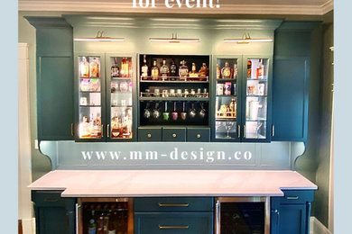 Inspiration for a mid-sized transitional single-wall dry bar remodel in Louisville with no sink, glass-front cabinets, blue cabinets, quartz countertops, blue backsplash, wood backsplash and white countertops
