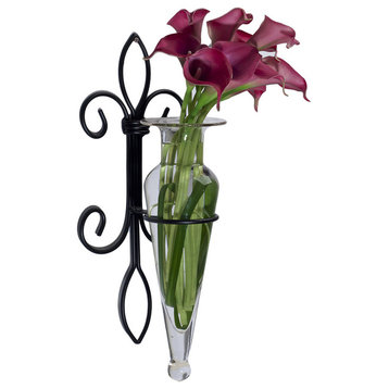 Wall Hanging Amphora Flower Vase Sconce on Fleur Lys Iron Stand, Clear Glass