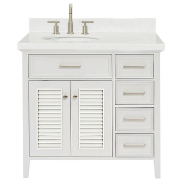 Ariel Kensington 36" Single Left Oval Sink Bathroom Vanity, Carrara Quartz, White