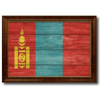 Mongolia Country Textured Flag Print With Brown Gold Frame, 19"X27"