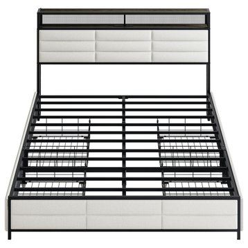 Bed Frame With Storage Drawers & Headboard, White, Queen