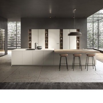 Matte White and Wood Kitchen Cabinets with Pantry Black Metal Frame Glass Doors