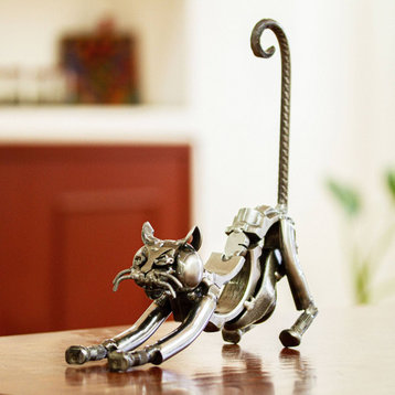 NOVICA Kitty Cat And Recycled Metal Sculpture