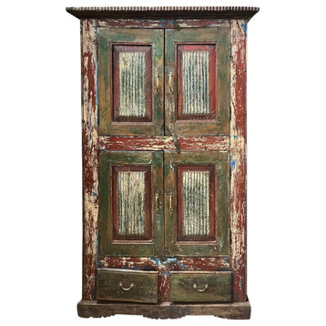 Consigned Shabby Chic Carved Distressed Green Red Armoire, Accent Cabinet