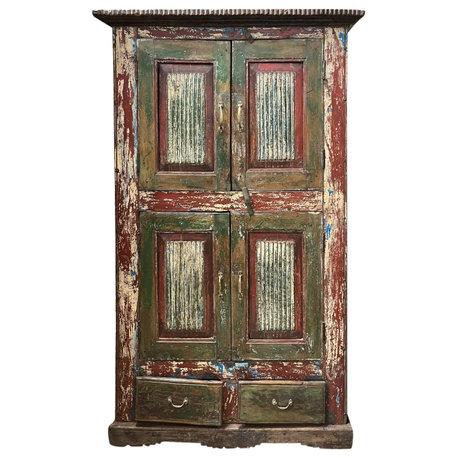 Consigned Shabby Chic Carved Distressed Green Red Armoire, Accent Cabinet