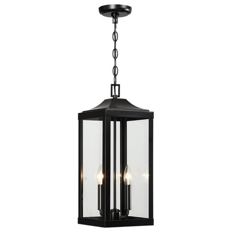 20"H 2-Light Transitional Outdoor Pendant Light With Clear Glass, Matte Black