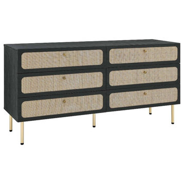 Modway Chaucer 6-Drawer Particleboard and Rattan Dresser in Black