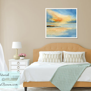 Peaceful Beach Bedroom with Framed Seascape Art