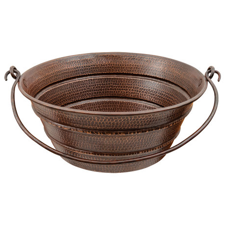 16" Round Bucket Vessel Hammered Copper Sink With Handles