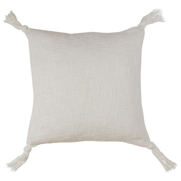 Boho Cotton Throw Pillow With Tassels, Ivory, 20", Down Filled