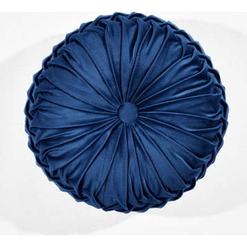 Round Pleated Soft Velvet Decorative Pillow Navy Single 15"