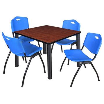 Kee 42" Square Breakroom Table, Cherry, Black and 4 'M' Stack Chairs, Blue