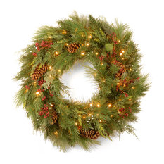 30" White Pine Wreath With Pine Cones and 100 Soft White LED Lights