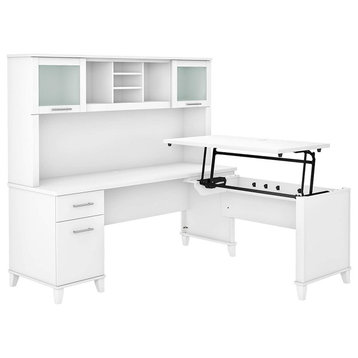 Spacious L-Shaped Desk, Integrated Tall Hutch and Lift Up Desktop, White
