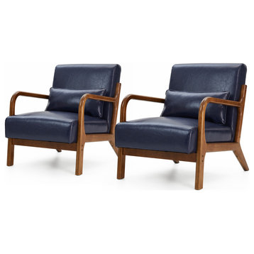 Mid-Century Modern Leatherette Accent Armchair, Set of 2, Navy Blue