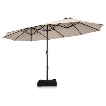 15FT Double-Sided Twin Patio Umbrella Sun Shade Outdoor Crank Market Base Beige