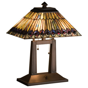 20H Tiffany Jeweled Peacock Oblong Desk Lamp