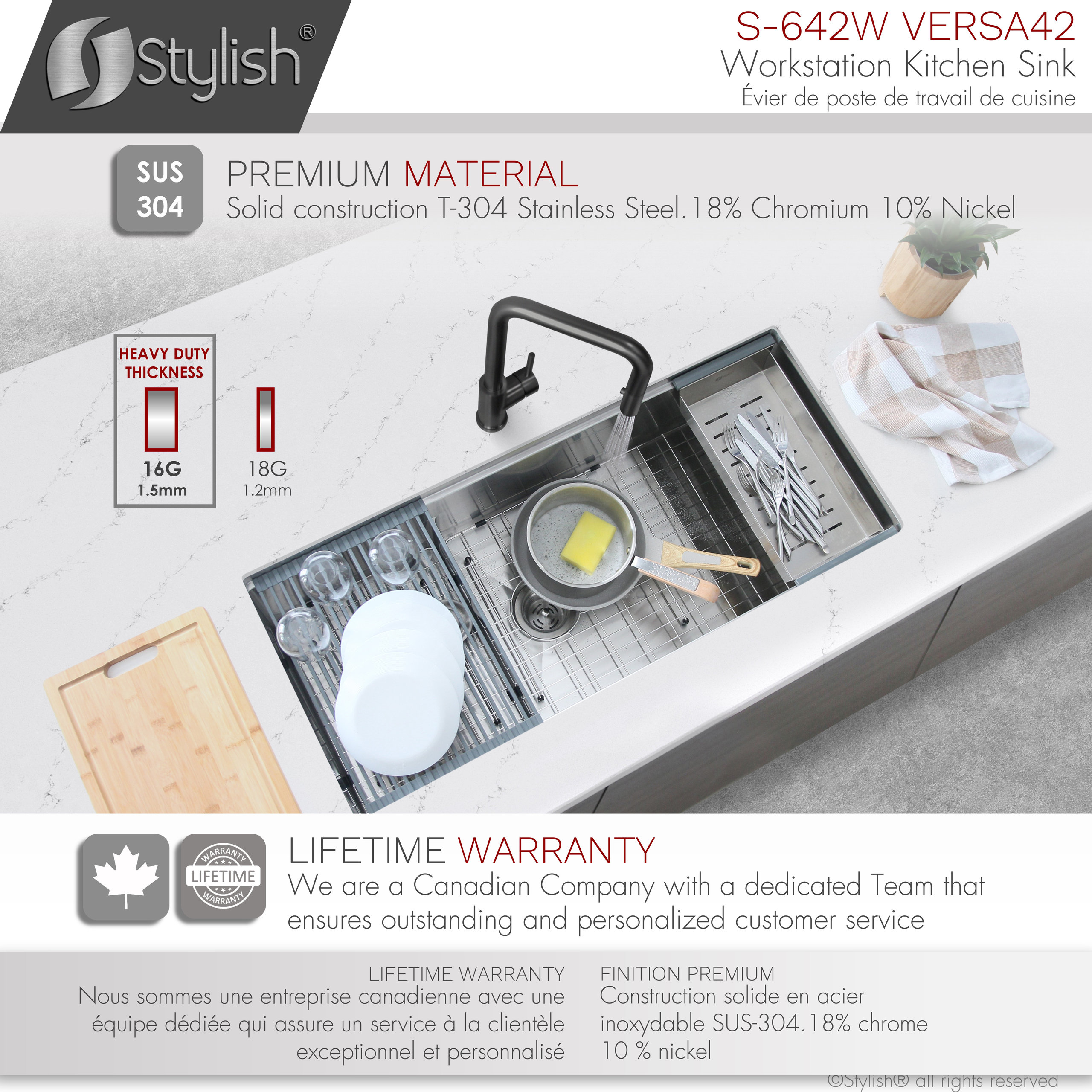 STYLISH 42"x19 W" Undermount 70/30 Double Bowl 16G Workstation Kitchen Sink