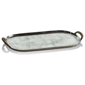Praslin Raw Aluminum Tray with Cane Wrapped Handles, Large
