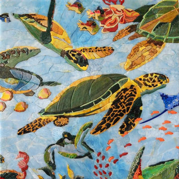 Sea Turtles and Fish Petal Marble Mosaics Handmade I Mozaico