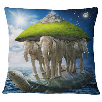 Giant Turtle Carrying Elephants Abstract Throw Pillow, 16"x16"