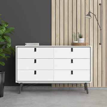 Contemporary Dresser, Unique Metal Base With 6 Storage Drawers, White Finish