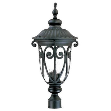 26" Tall Black Outdoor Post Mount-Light, Hand-Blown Clear Seeded Glass